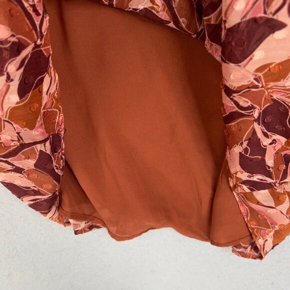 Joie Shirt Womens Large Brown Leaves Boho Sheer Swiss Dot Chiffon Tie Ruffle - Picture 12 of 15